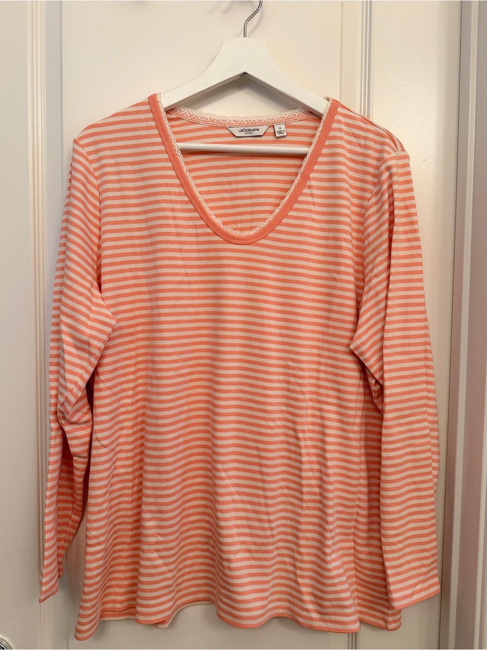 Liz Claiborne Coral and White Striped Scoop Neck Top